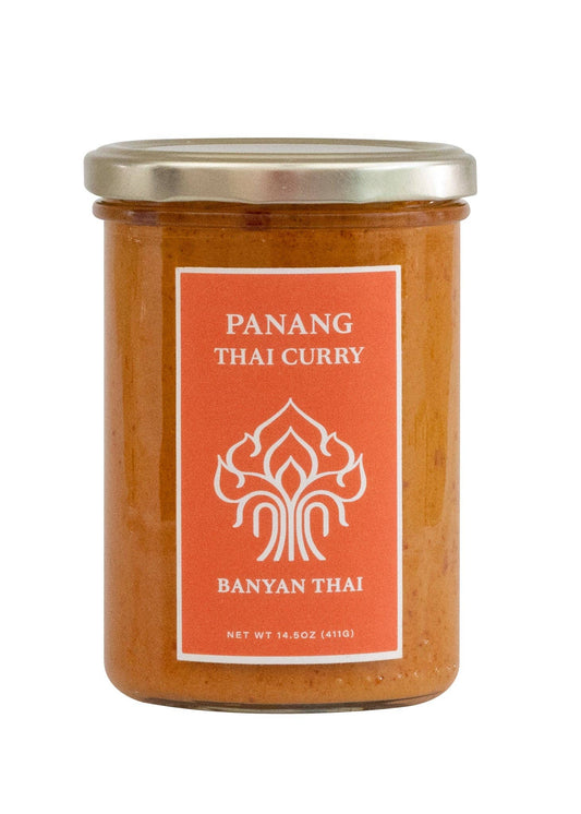 Jar of Panang Thai Curry from Banyan Thai on a white background