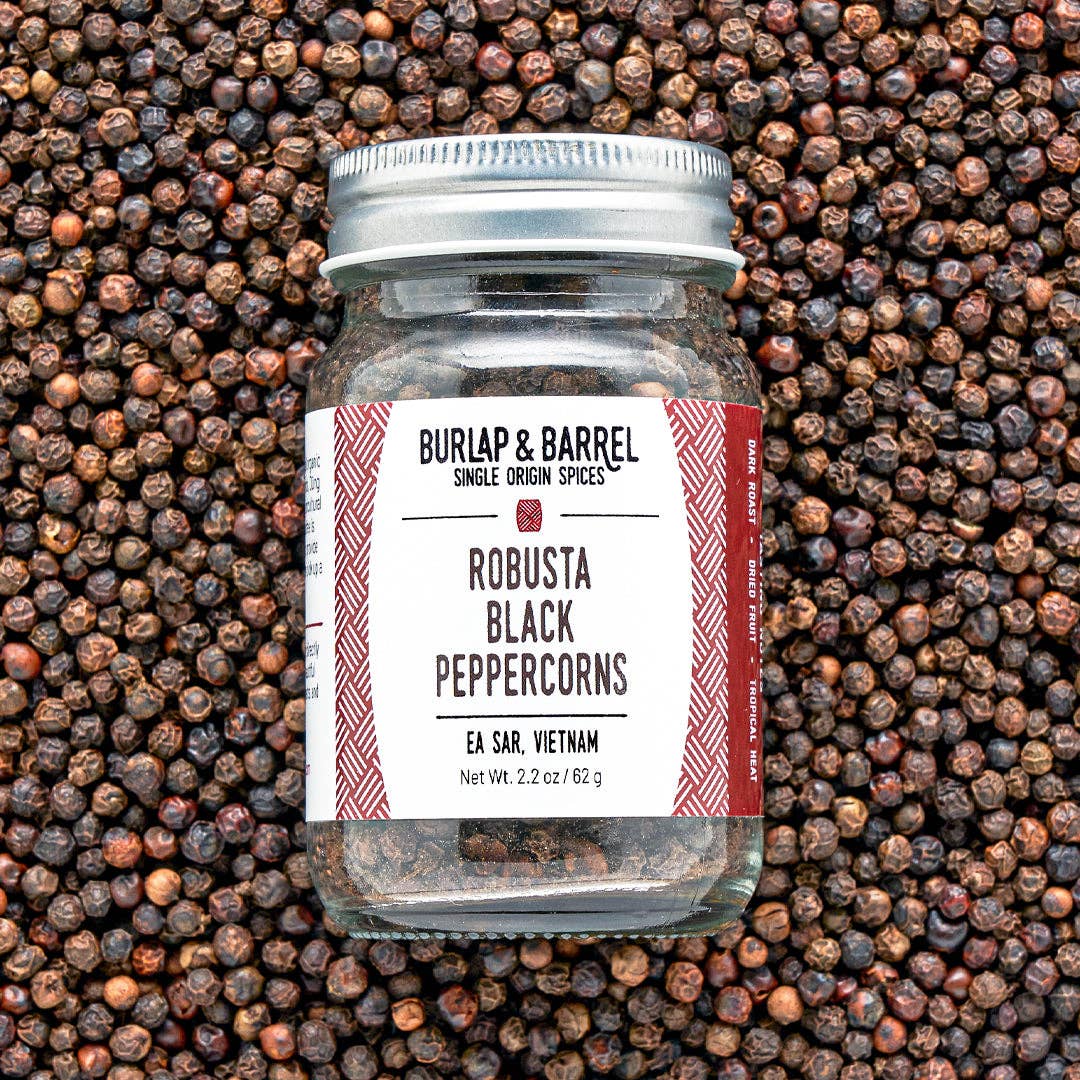 Robusta Black Peppercorns - Single Origin Spice & Seasoning: 2.2 oz grinder top jar