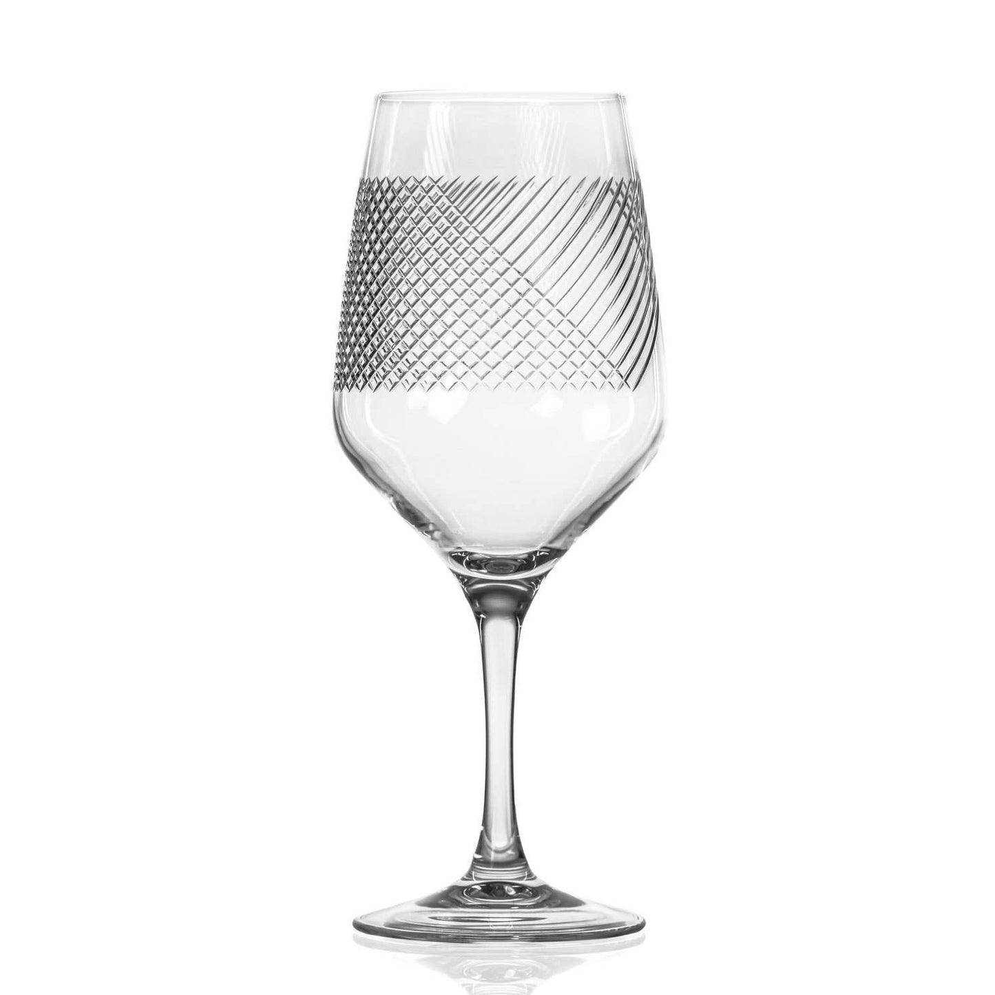 Clear wine glass with textured design on a white background
