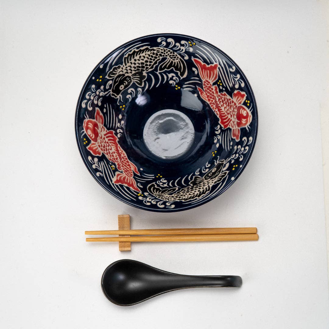 6" Bowl With Chopsticks, Spoon and Chopsticks Rest Set Koi Fish, 24oz