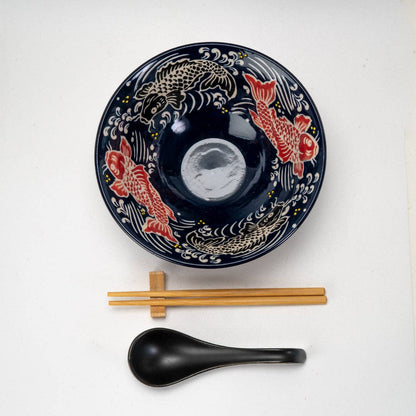 6" Bowl With Chopsticks, Spoon and Chopsticks Rest Set Koi Fish, 24oz