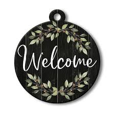 My Word! Adoornament - Round Welcome Front Door Hanger Sign with Farmhouse Botanical Wreath