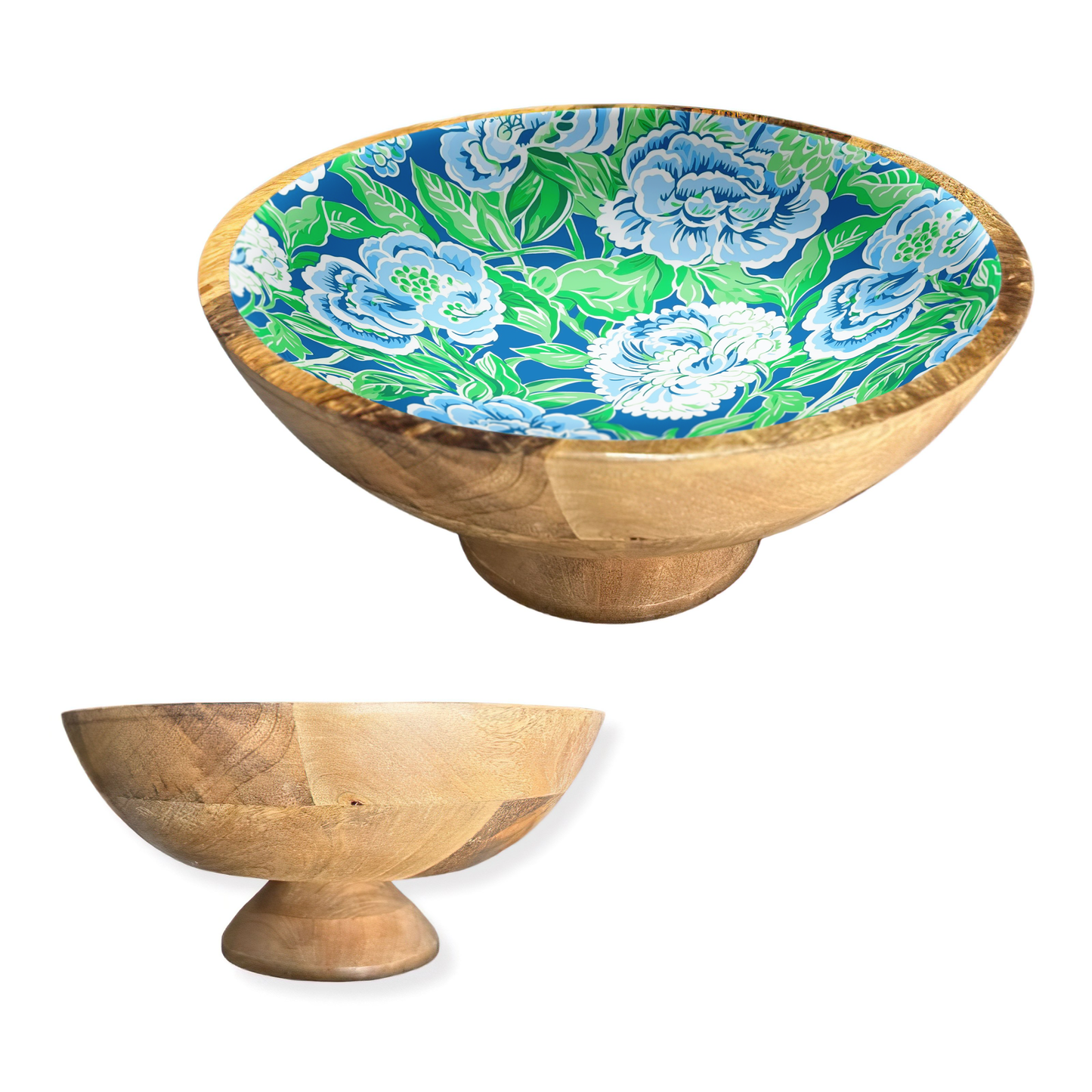 Blue & Green Floral Decorative Pedestal Bowl – 12"