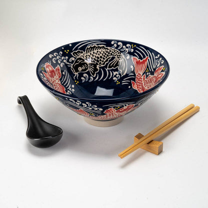 6" Bowl With Chopsticks, Spoon and Chopsticks Rest Set Koi Fish, 24oz