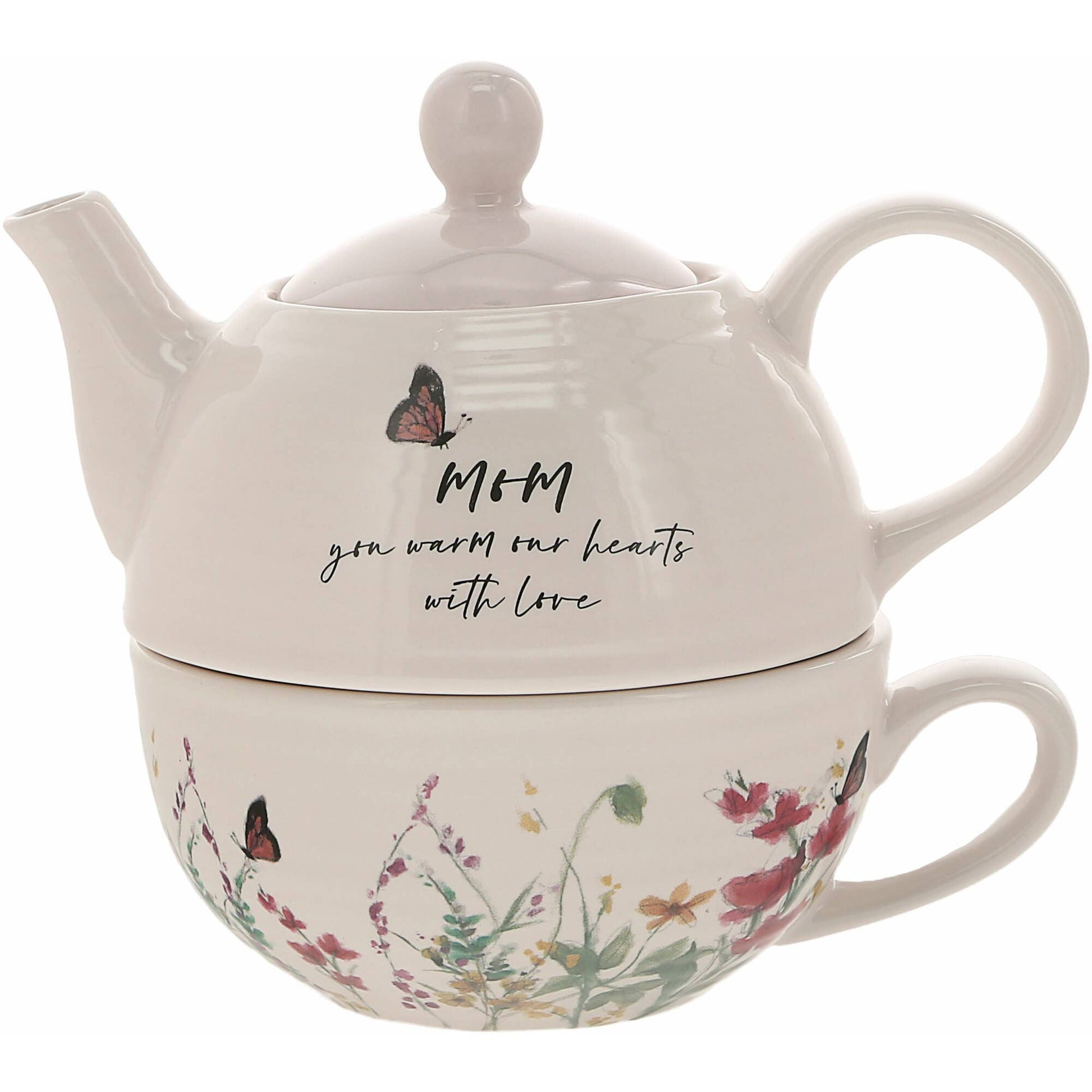 A beautiful Tea for One set featuring a 14.5 oz teapot with a pale pink lid and a 10 oz ribbed-texture cup, adorned with a floral design and the sentiment "Mom." Perfect for gifting to mothers on special occasions.
