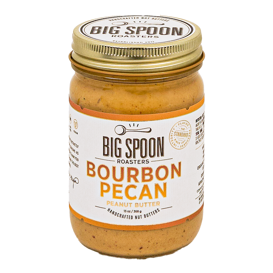 Jar of Big Spoon Roasters Bourbon Pecan peanut butter on a white background