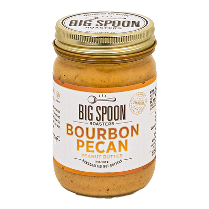 Jar of Big Spoon Roasters Bourbon Pecan peanut butter on a white background