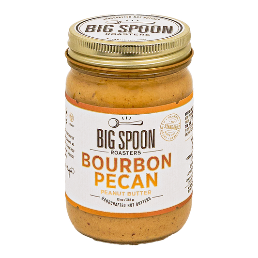 Jar of Big Spoon Roasters Bourbon Pecan peanut butter on a white background