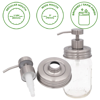 Mason Jar Lifestyle - Satin / Brushed Finish Soap Pump Dispensers for Mason Jars: Threaded galvanized / Wide mouth / #2