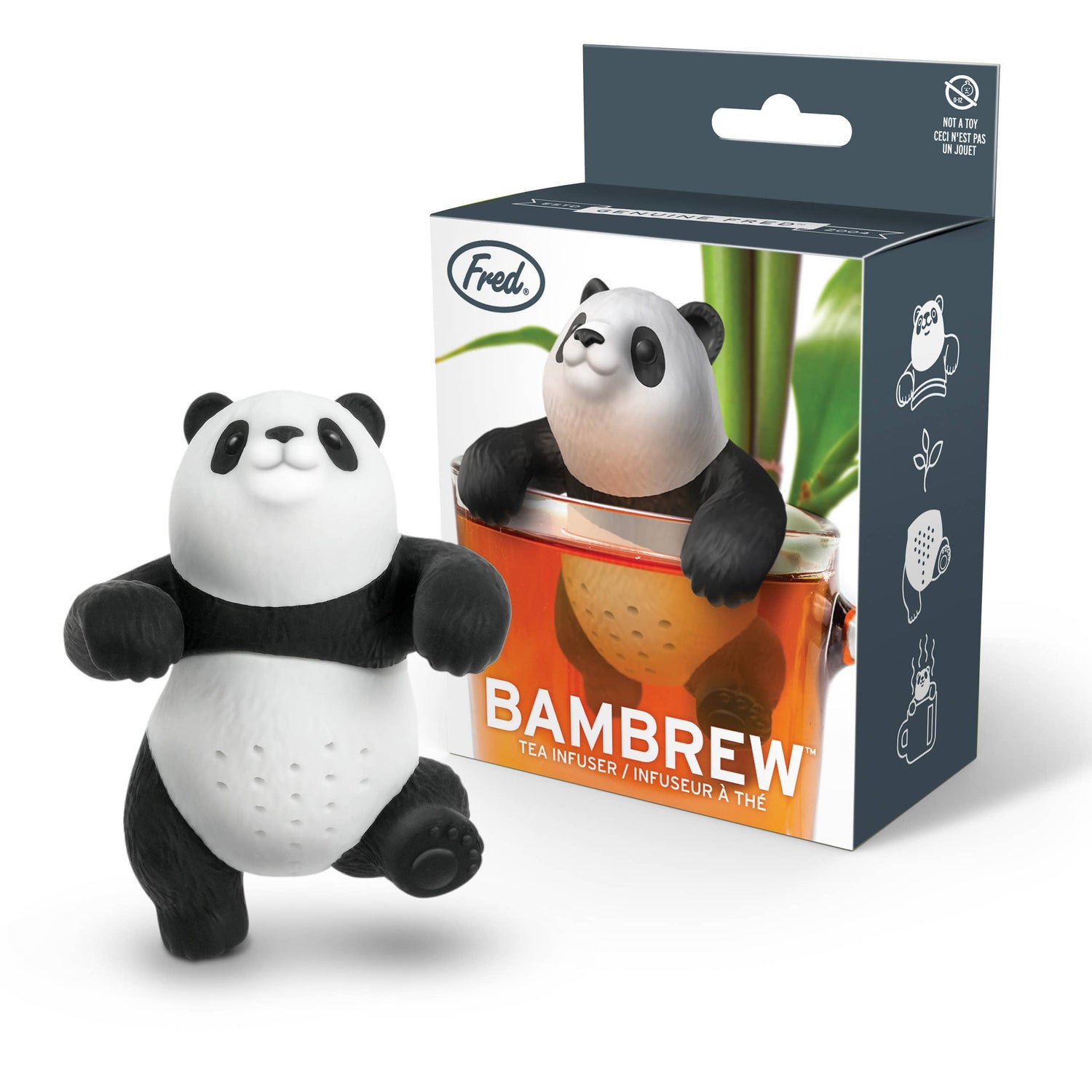 A black and white panda-shaped tea infuser by Fred & Friends, displayed next to its packaging box.