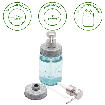 Mason Jar Lifestyle - Satin / Brushed Finish Soap Pump Dispensers for Mason Jars: Threaded galvanized / Wide mouth / #2
