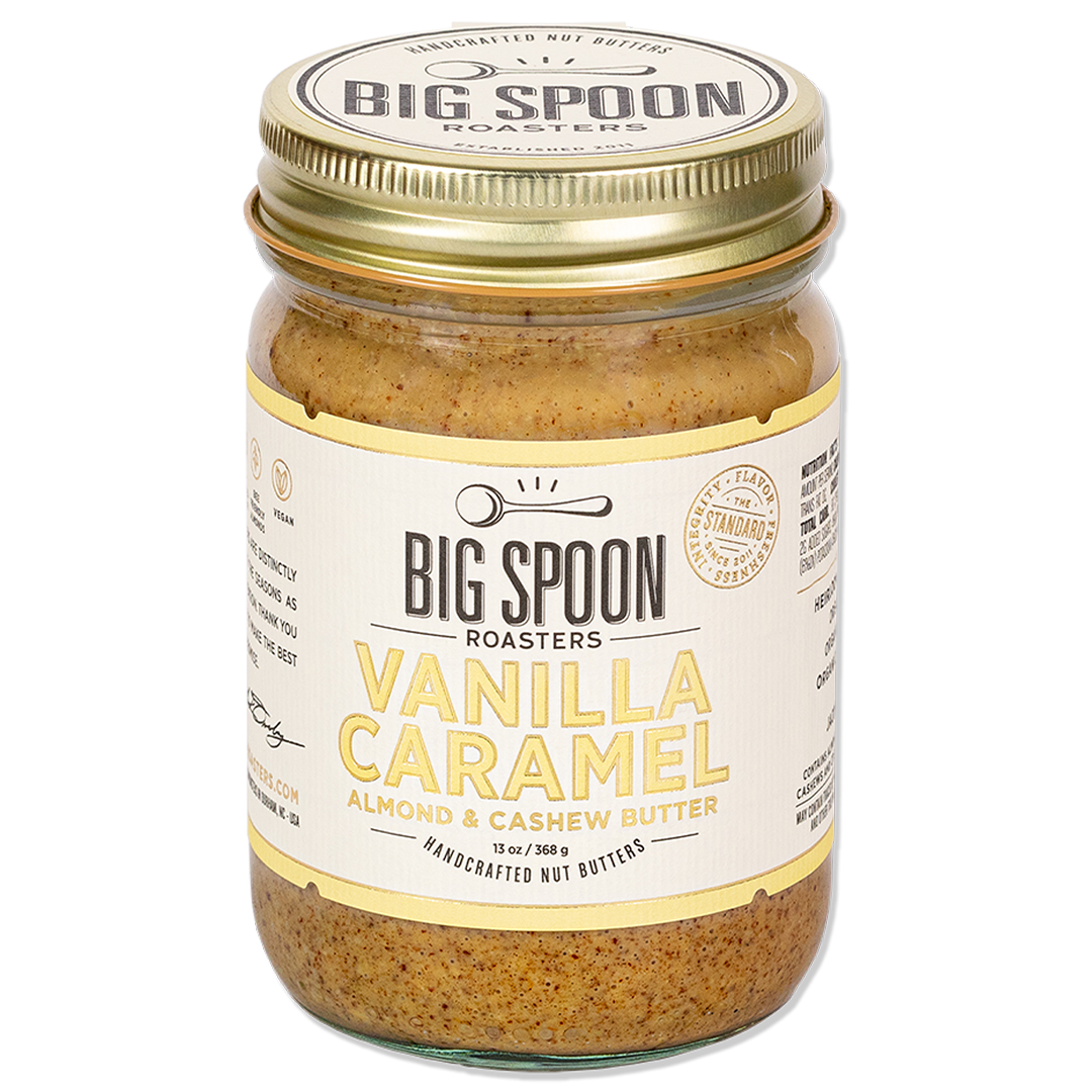 Jar of Big Spoon Roasters Vanilla Caramel Almond & Cashew Butter – 13 oz, small-batch nut butter with almonds, cashews, vanilla, and caramel