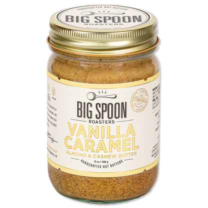 Jar of Big Spoon Roasters Vanilla Caramel Almond & Cashew Butter – 13 oz, small-batch nut butter with almonds, cashews, vanilla, and caramel