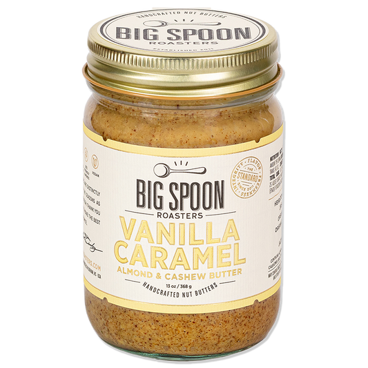 Jar of Big Spoon Roasters Vanilla Caramel Almond & Cashew Butter – 13 oz, small-batch nut butter with almonds, cashews, vanilla, and caramel