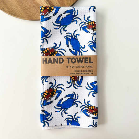 Jami Creates - White Maryland Flag Crab Patterned Waffle Kitchen Dish Towel: With a belly band