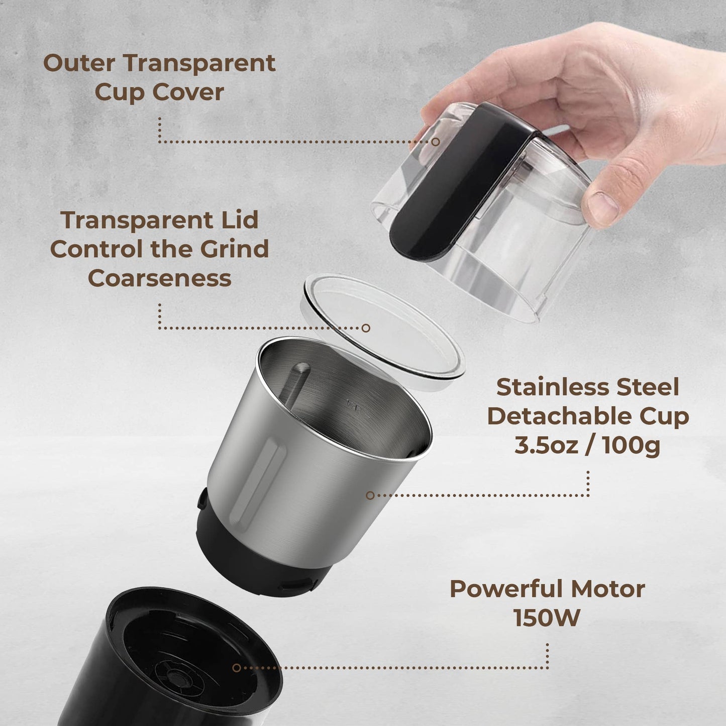 Kaffe Electric Blade Coffee Grinder - 4.5oz Removable Stainless Steel Cup