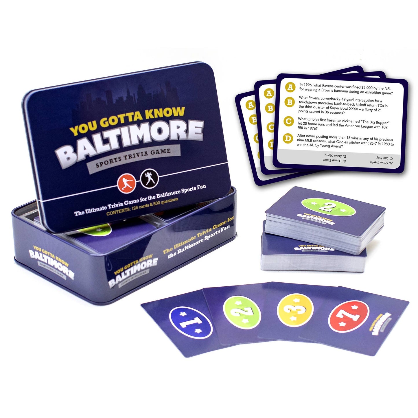 The image shows the packaging and contents of a card game called 'You Gotta Know Baltimore - Sports Trivia Game'. The product is packaged in a metal tin with a blue and yellow logo, and includes a stack of blue cards with different colored symbols on them.