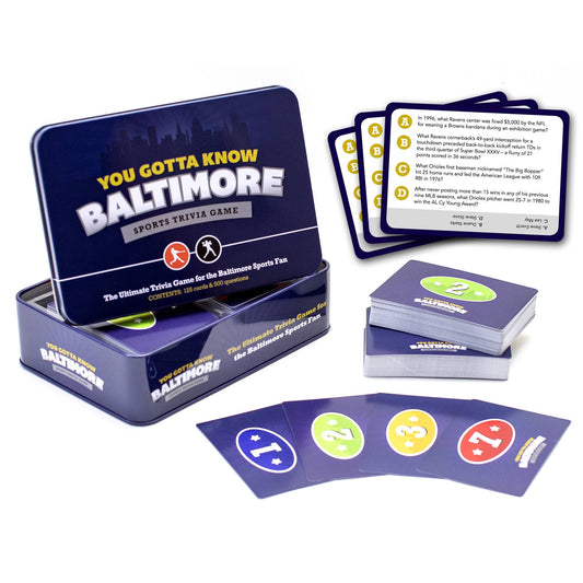 The image shows the packaging and contents of a card game called 'You Gotta Know Baltimore - Sports Trivia Game'. The product is packaged in a metal tin with a blue and yellow logo, and includes a stack of blue cards with different colored symbols on them.