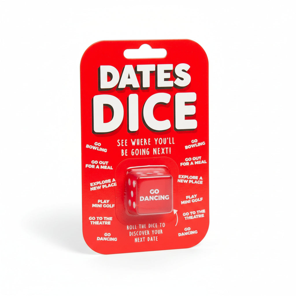Red packaging of 'Dates Dice' with dice illustration and text on a white background