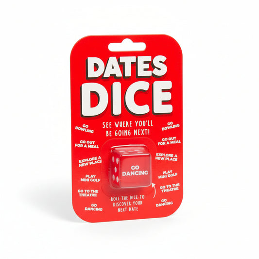Red packaging of 'Dates Dice' with dice illustration and text on a white background