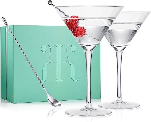 The Wine Savant - Crystal Martini Glass Set of 2, 10oz with Spoon & Olive Pick