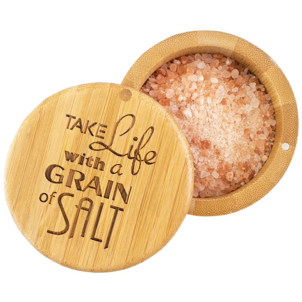Salt Box with Magnetic Swivel Lid, "Take Life with a Grain of Salt" Engraving on Lid