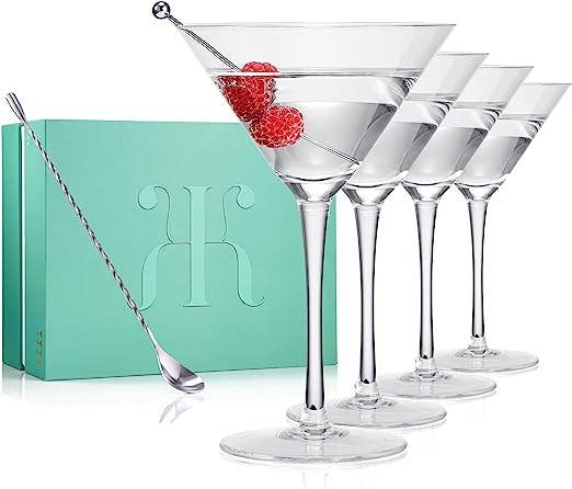 The Wine Savant - Crystal Martini Glass Set of 4 with Bar Spoon & Olive Picks